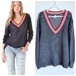 Free People We the Free Open Knit Crochet Varsity Sweater in Red White Blue Navy